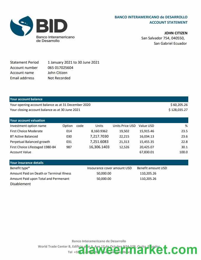 Ecuador Banco Interamericano de Desarrollo BID bank statement easy to fill template in .xls and .pdf file format